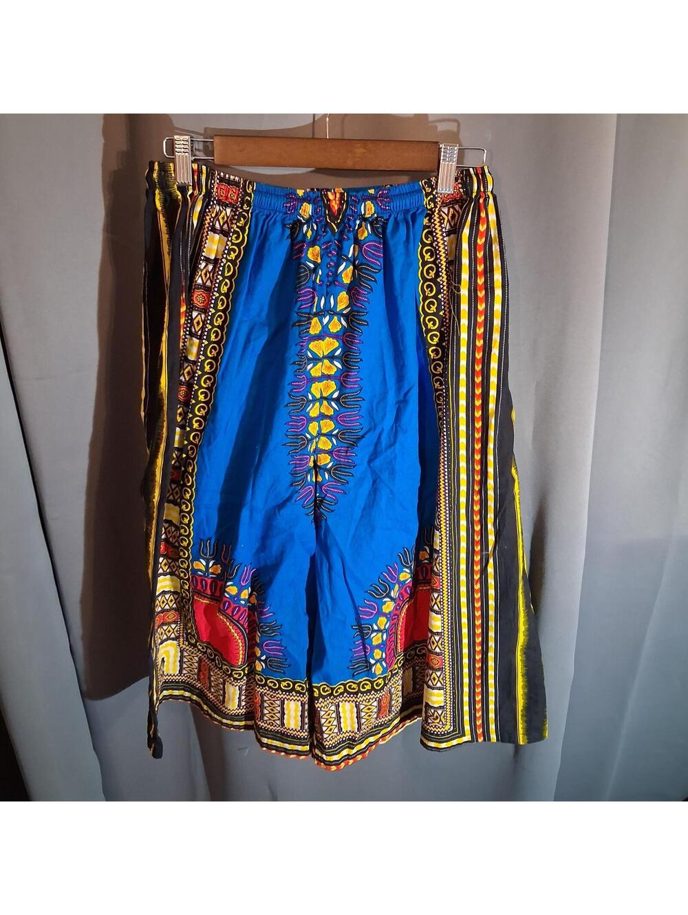 Blue Multi-Color African Print Cotton Capri Pants Size Waist 30 - Picture 1 of 6
